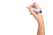 Female Hand Holding A Blue Marker Isolated On White Background