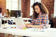 © opolja - Hipster Woman use Laptop huge Loft Studio.Student Researching Process Work.Young Business Team Working Creative Startup modern Office.Analyze market stock,new strategy.Blurred,film effect.