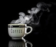 cup of coffee with steaming black background