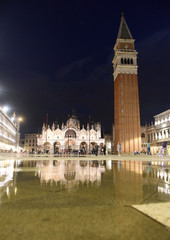 Sticker - Cathedral of San Marco and Campanile on San Marco Square at night in Venice, Italy.