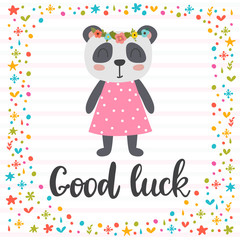 Good luck. Inspirational quote. Hand drawn lettering. Motivational poster. Cute little panda
