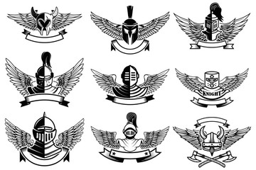 Wall Mural - Set of emblems with helmets and wings. Design elements for label, emblem, sign, brand mark. Vector illustration