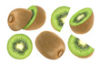 Isolated kiwi fruit. Collection of whole and sliced kiwi isolated on white background