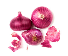 The Fresh red onion bulb and onion peel isolated on white background