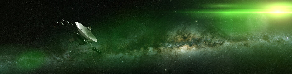 voyager spacecraft in front of the milky way galaxy and a bright green star in deep space