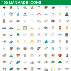 Poster - 100 manmade icons set, cartoon style
