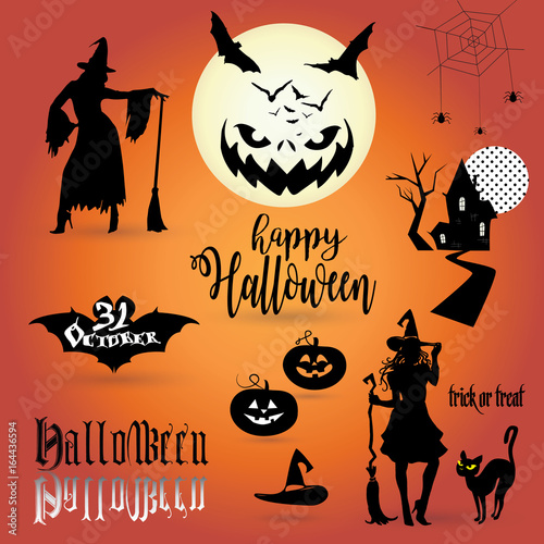 Halloween Party Set Halloween Pumpkin Christmas Hat Halloween Party Full Moon Halloween Kids Trick Or Treat Spider Witch Zombie Symbols Vector Illustration Buy This Stock Vector And Explore Similar Vectors At