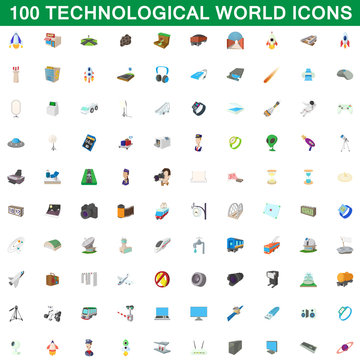 100 technological world icons set, cartoon style
