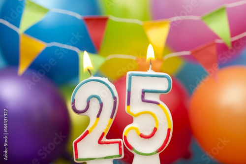 Poster Happy Birthday number 25 celebration candle with colorful balloons and bunting