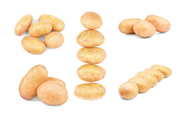 Sticker - Collage of raw potatoes on white background