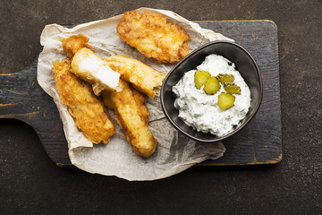 Fish dish - Cod in beer batter with tar tar sauce for a healthy and comfortable diet