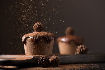 Chocolate muffins, decorated with a small cone on a dark wooden background. Cupcakes are poured with dark chocolate and cocoa powder. Cupcakes with unusual decoration. Low key