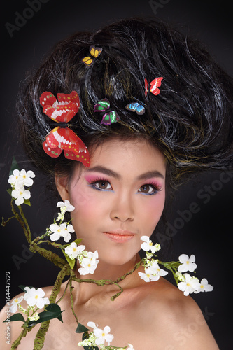 Creative Hair Style With Colorful Butterfly On Black Hair