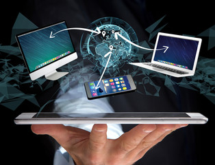 Poster - Computer and devices displayed on a futuristic interface with interantional network - Multimedia and technology concept