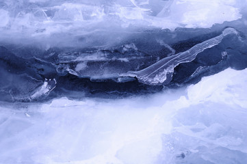  Field ice hummocks on the northern shore of Olkhon Island on Lake Baikal. Beautiful patterned cracks crawl across the surface of the ice. Ice Storm. Photo partially tinted.