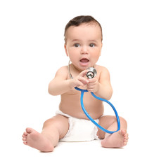 Wall Mural - Cute little baby with stethoscope on white background. Health care concept