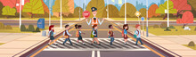 Policeman Guard Help Group Of School Children Crossing Road Flat Vector Illustration