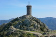 Medieval watchtower the Madeloc old stone tower at about 650 meters in height in the Albera massif, Mediterranean, Pyrenees Orientales, Roussillon, south of France