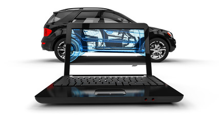 Wall Mural -  Wire Frame SUV / 3D render image representing an luxury SUV in wire frame on  laptop 
