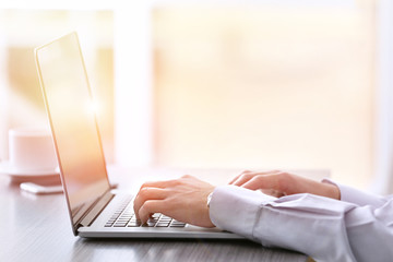 Wall Mural - Businessman using laptop, close up