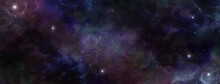 Dark Night Sky Deep Space Background -  Wide Dark Outer Space Multi-coloured Banner Showing Cloud Formation, Planets, Stars And Ethereal Coloring