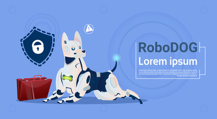 Poster - Robotic Dog Protecting Data Cute Domestic Animal Database Safety System Modern Robot Pet Artificial Intelligence Concept Flat Vector Illustration