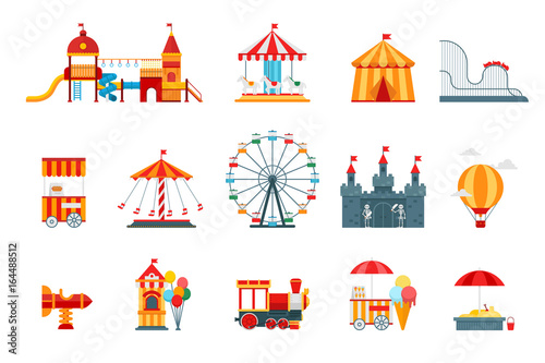 Cuadros en Lienzo Amusement park vector flat elements, fun icons, isolated on white background with ferris wheel, castle, attractions, circus, air balloon, swings, carousel