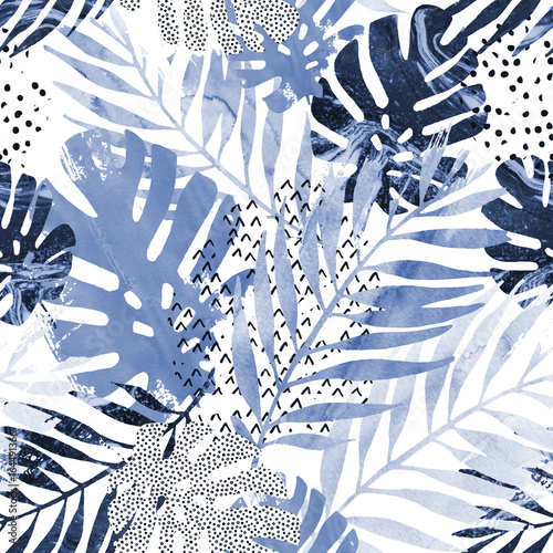 sztuka-ilustracja-modne-tropikalny-lisci-wypelnione-akwarela-grunge-marmur-tekstura-doodle-elementy-tla