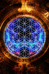 Fototapete - Flower of life and ancient Mayan Calendar on abstract color background. Sacred geometry.