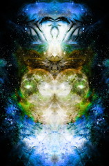 Poster - Cosmic space and stars and light heart, color cosmic abstract background. Mirror effect.
