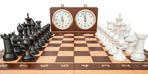 Poster - Checkerboard with figures and chess clock, 3D rendering