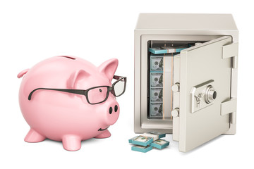 Poster - safe box with dollar packs and piggy bank, 3d rendering