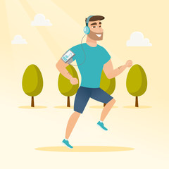 Wall Mural - Young man running with earphones and smartphone.