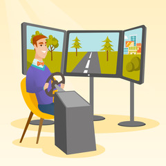 Poster - Caucasian man playing video game with gaming wheel