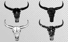 Vector Set Of Black Hand Drawn Skulls Buffalo, Bull Or Cow.