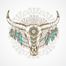 Vector Illustration With A Wild Buffalo Skull With Decorative Patterns.