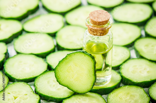 Fotografie, Obraz The cucumber extract. Cosmetics. Selective focus.