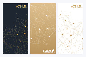 Poster - Modern set of vector flyers. Geometric abstract presentation. Molecule and communication background for medicine, science, technology, chemistry. Golden cybernetic dots. Lines plexus. Card surface.