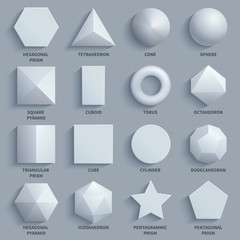 Sticker - Top view realistic white math basic 3d shapes vector set. Three dimensional geometric figures