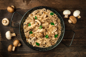 Wall Mural - Mushroom beef stroganoff in pan with copy space