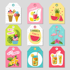 Canvas Print - Gift tags with summer tropical decoration. Illustrations of watermelon, lemonade, strawberry and other fruits