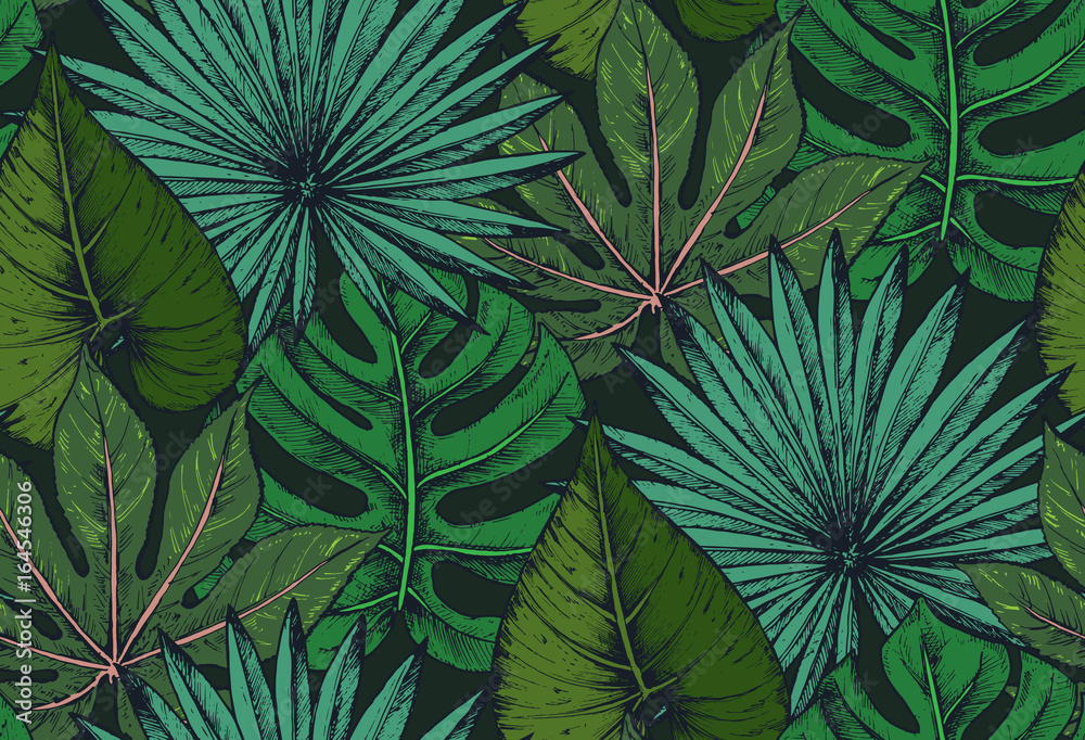 Vector seamless pattern with compositions of hand drawn tropical plants ...