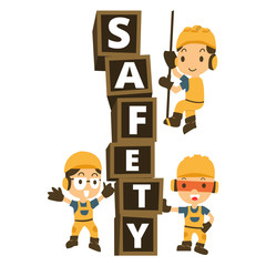 Wall Mural - Character Constructor in a yellow construction helmet and Box word safety.vector , illustrator