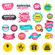 Sale shopping banners. Birthday party icons. Cake and gift box signs. Air balloons and fireworks rockets symbol. Web badges, splash and stickers. Best offer. Vector