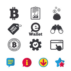 Poster - Bitcoin icons. Electronic wallet sign. Cash money symbol. Browser window, Report and Service signs. Binoculars, Information and Download icons. Stars and Chat. Vector