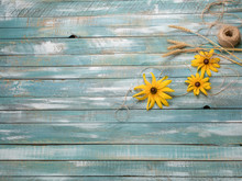 Summer Old Wooden Background With Yellow Flowers