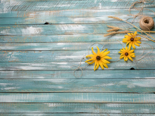 Summer old wooden background with yellow flowers