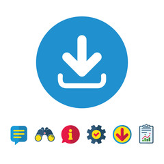 Poster - Download icon. Upload button. Load symbol. Information, Report and Speech bubble signs. Binoculars, Service and Download icons. Vector