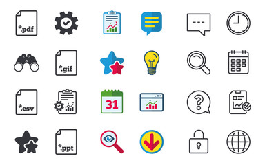 Poster - Download document icons. File extensions symbols. PDF, GIF, CSV and PPT presentation signs. Chat, Report and Calendar signs. Stars, Statistics and Download icons. Question, Clock and Globe. Vector