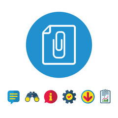 Poster - File annex icon. Paper clip symbol. Attach symbol. Information, Report and Speech bubble signs. Binoculars, Service and Download icons. Vector